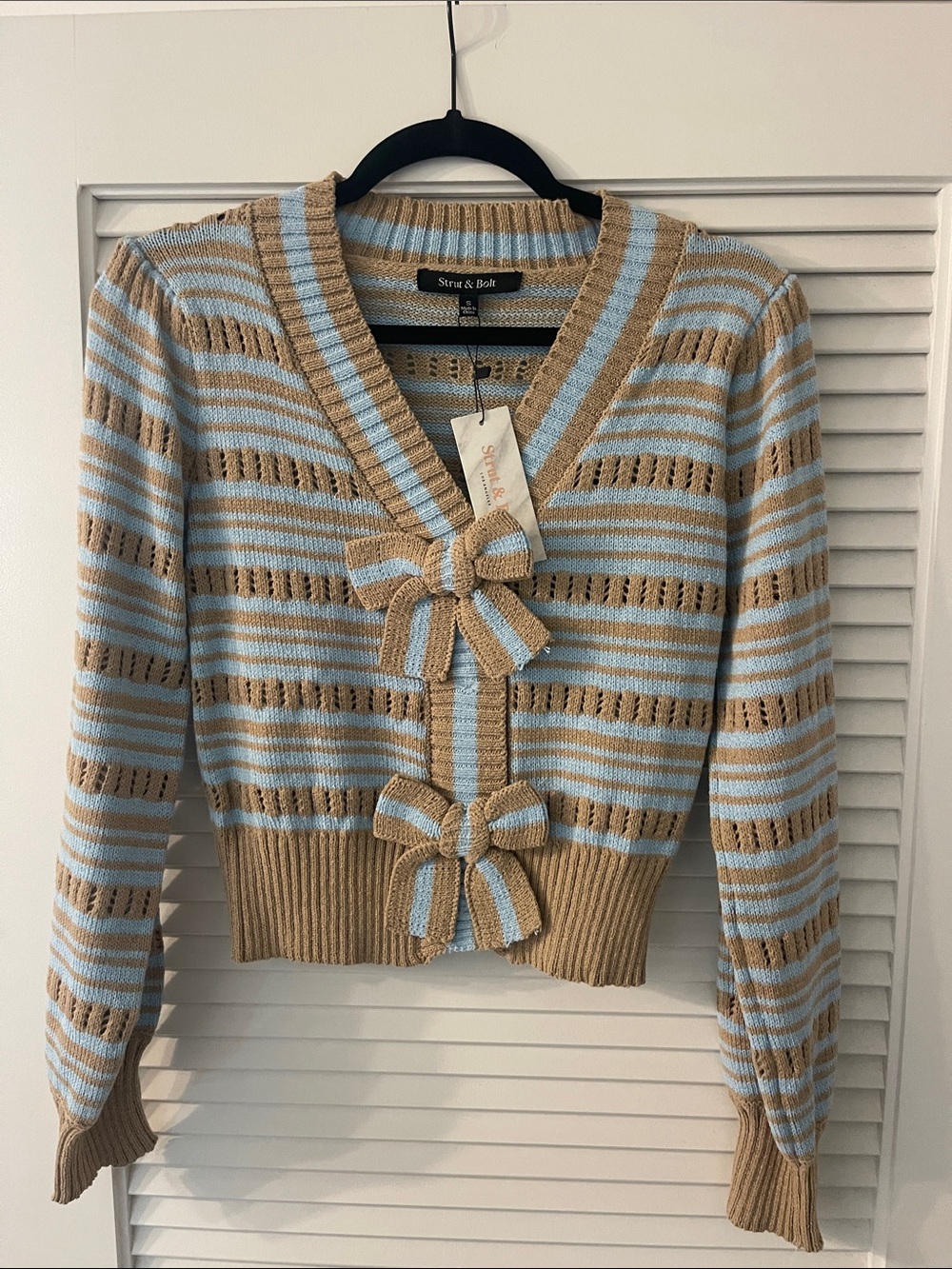 Striped Bow-Front Cardigan Sweater in Light Blue & Tan